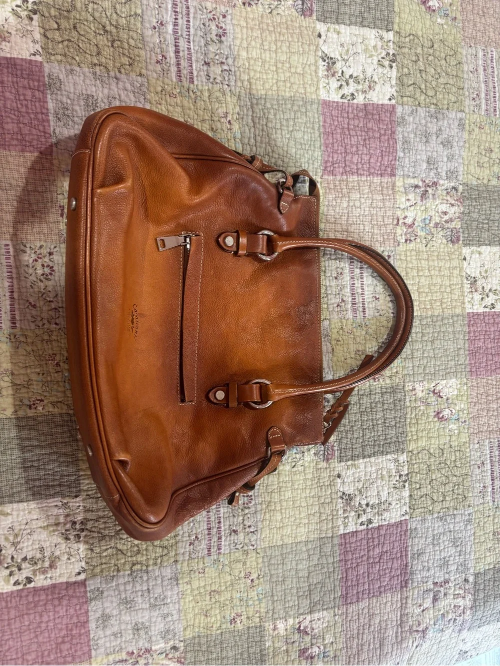 Structured Leather Satchel in Cognac Brown